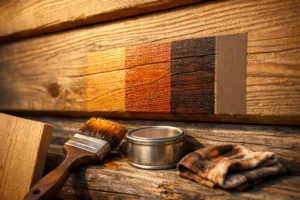 Macro cabin wall with honey, cedar, walnut, and brown paint tests, brush and stain tin in sunlight, illustrating wood colouring