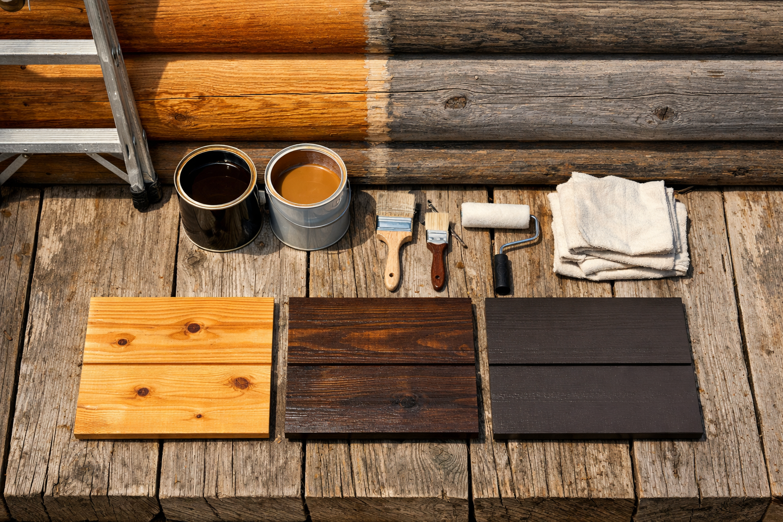 Overhead cabin finishing setup with honey cedar, dark walnut, and charcoal sample boards, tools, and wood colouring comparison.