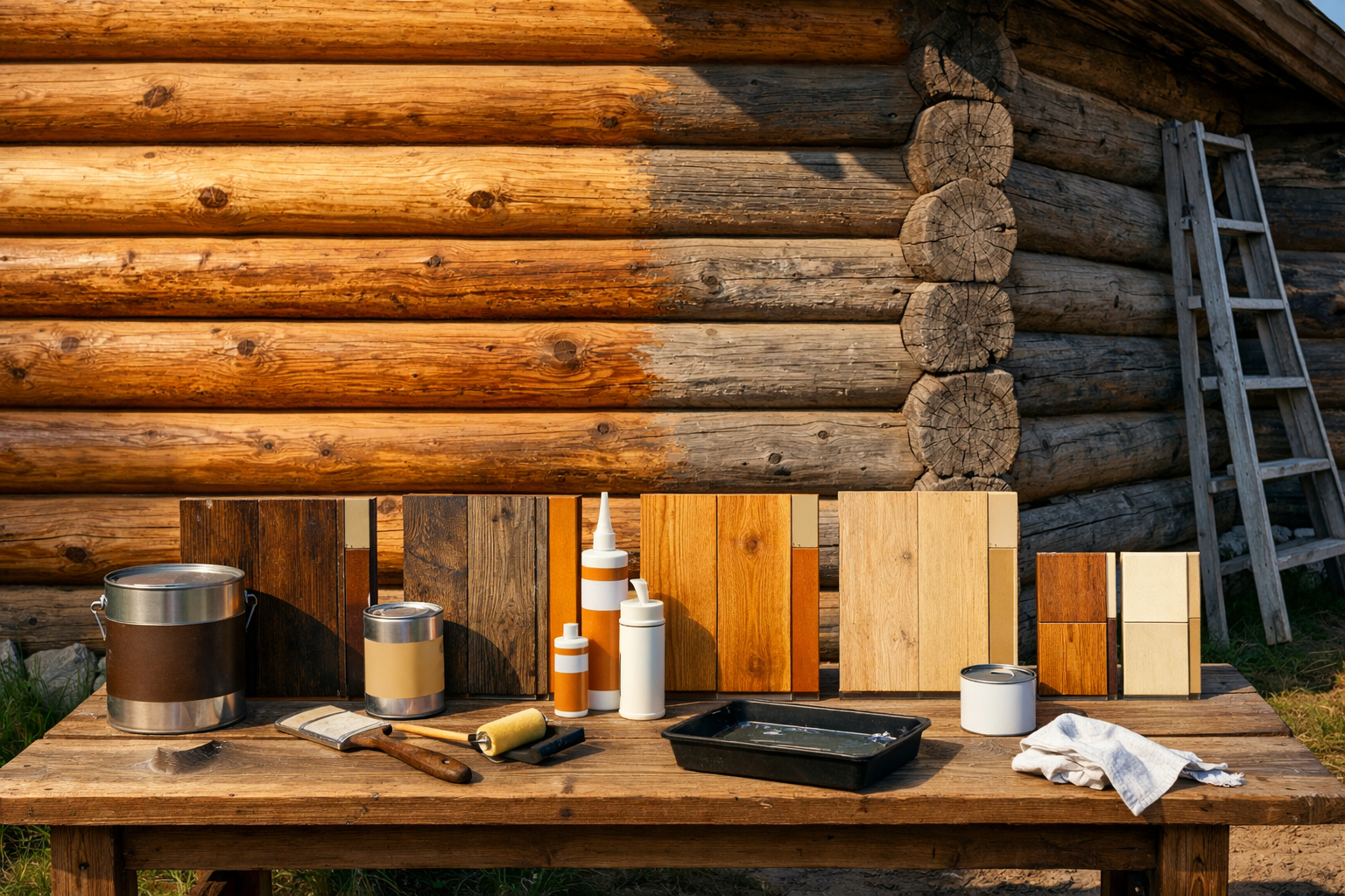 Rustic cabin wall and worktable with stain samples, sealants, and tools illustrating wood colouring in sunlight.