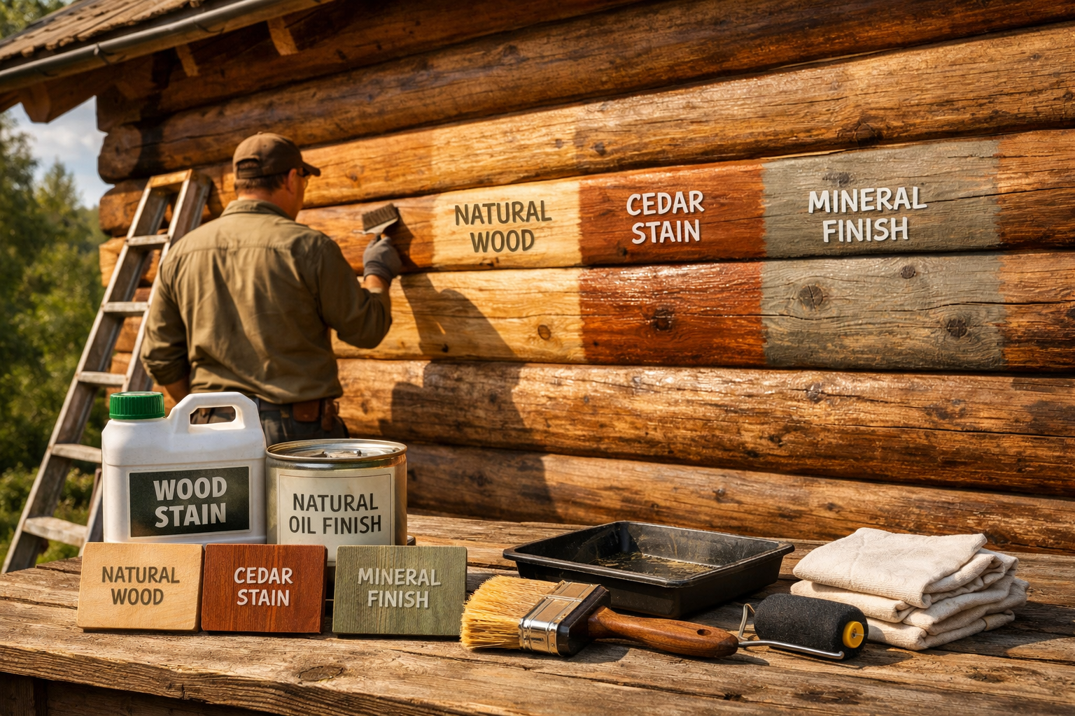 Rustic cabin wall showing wood colouring samples, stains, tools, and a renovator brushing sunlit timber siding.