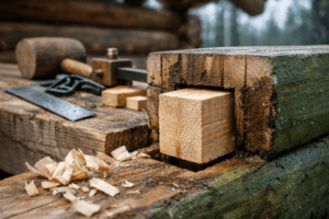 Macro view of joinery of wood: a mortise-and-tenon joint fitted in a green log, with tools and shavings blurred nearby.