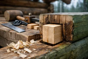 Macro view of joinery of wood: a mortise-and-tenon joint fitted in a green log, with tools and shavings blurred nearby.
