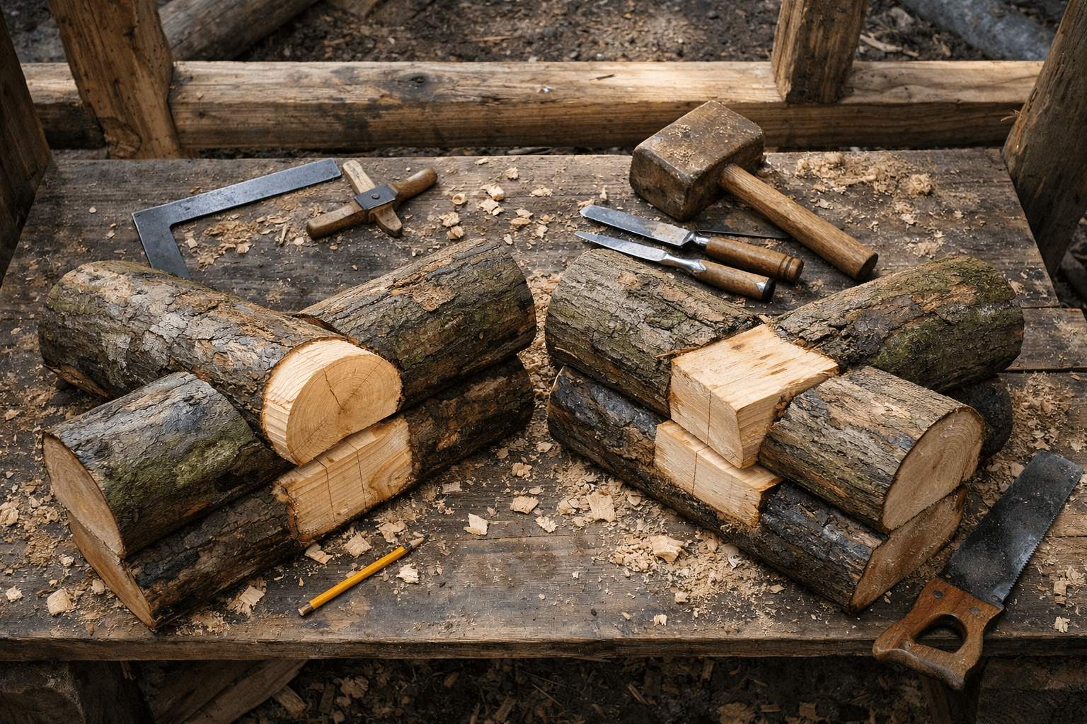 Overhead comparison of saddle and dovetail log notches with tools on a rustic cabin workbench, showing joinery of wood.