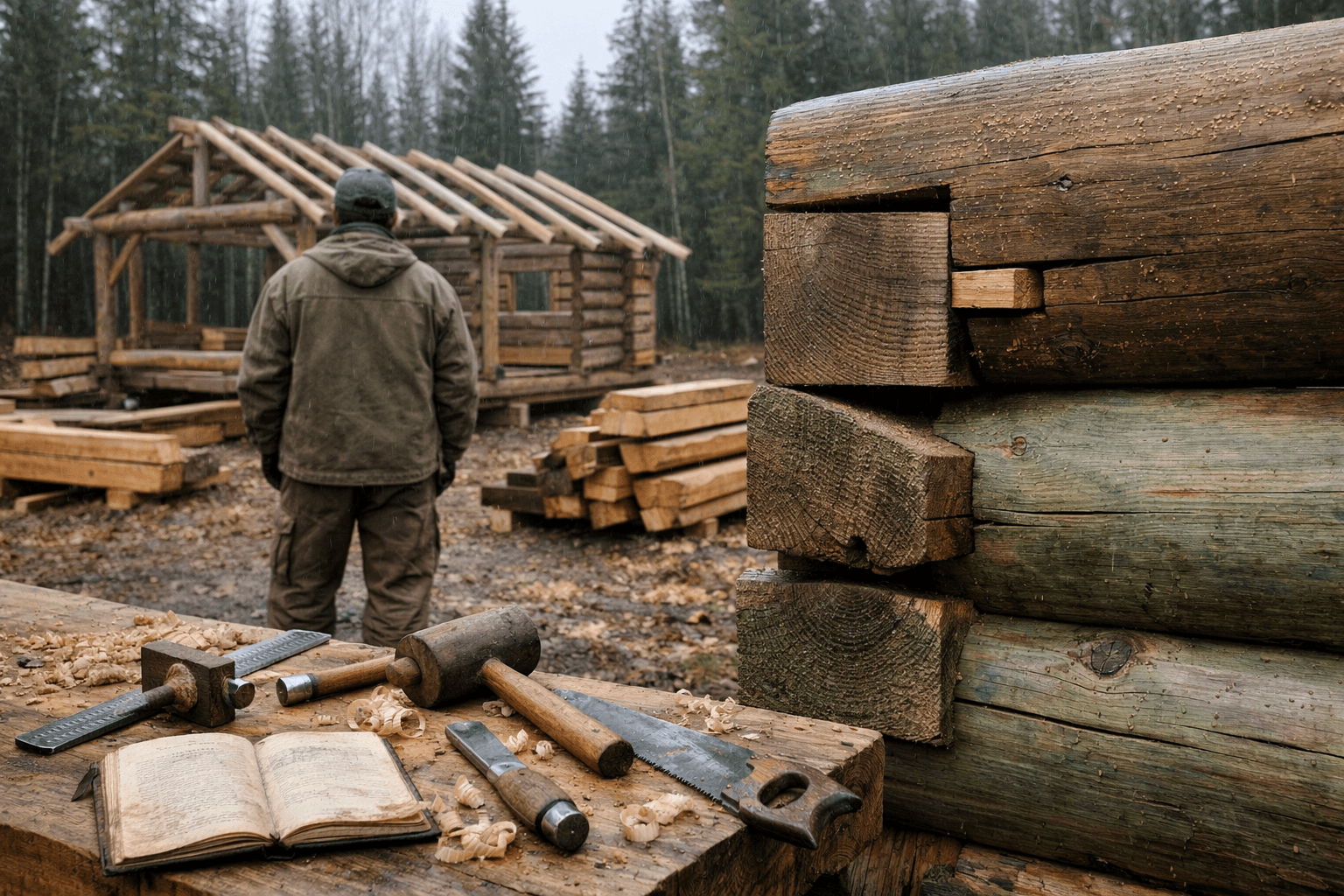 Rustic cabin construction site with log-wall corner joints, tools, and a timber framer studying the joinery of wood in a wet forest clearing