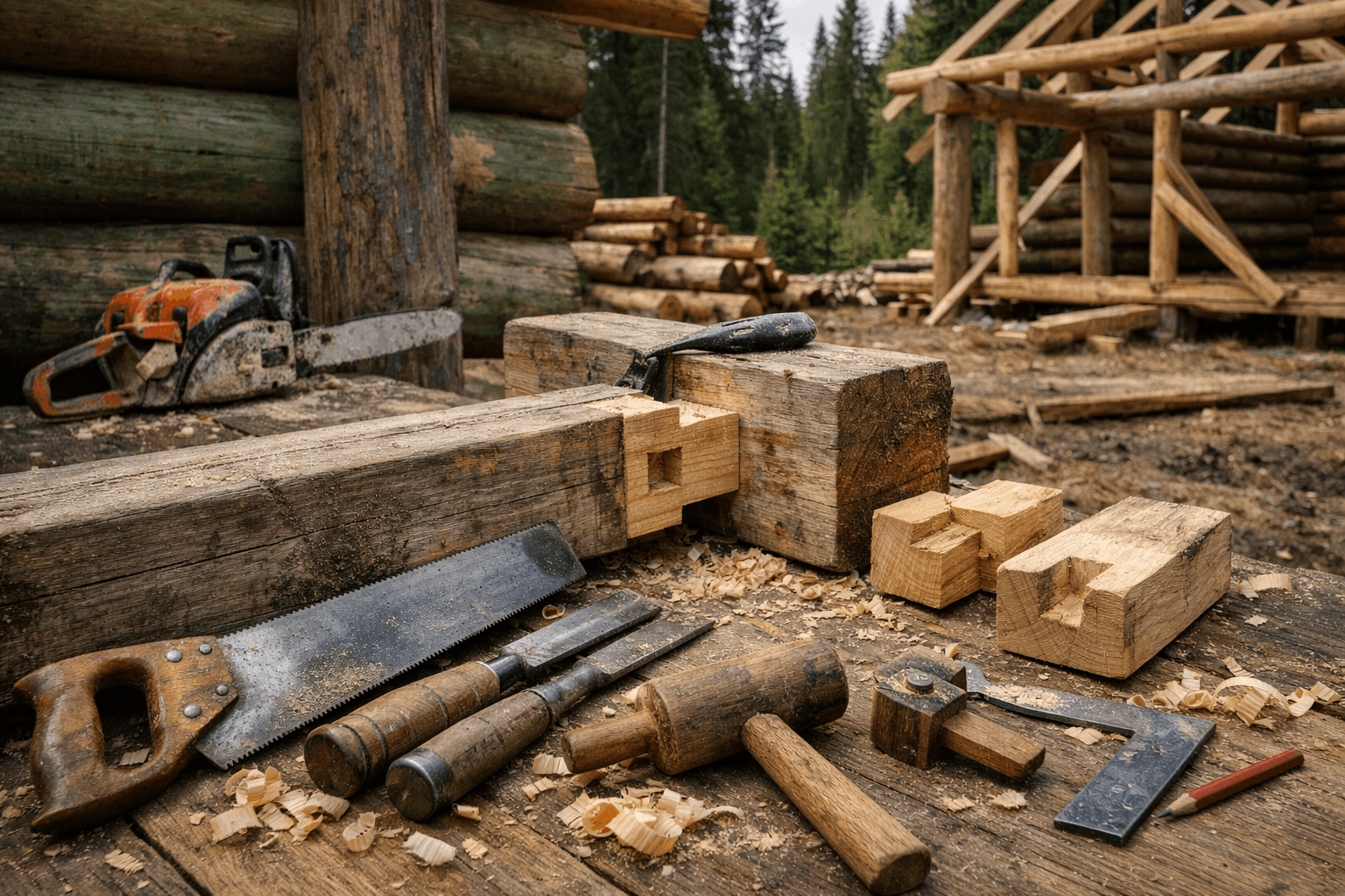 Rustic cabin workbench with hand tools, fresh shavings, and timber joints showing precise joinery of wood in a forest setting