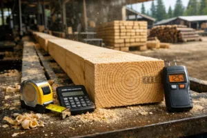 Macro view of fresh-cut lumber with annual rings, tools, sawdust, and bandsaw equipment inside a rural lumber mill.
