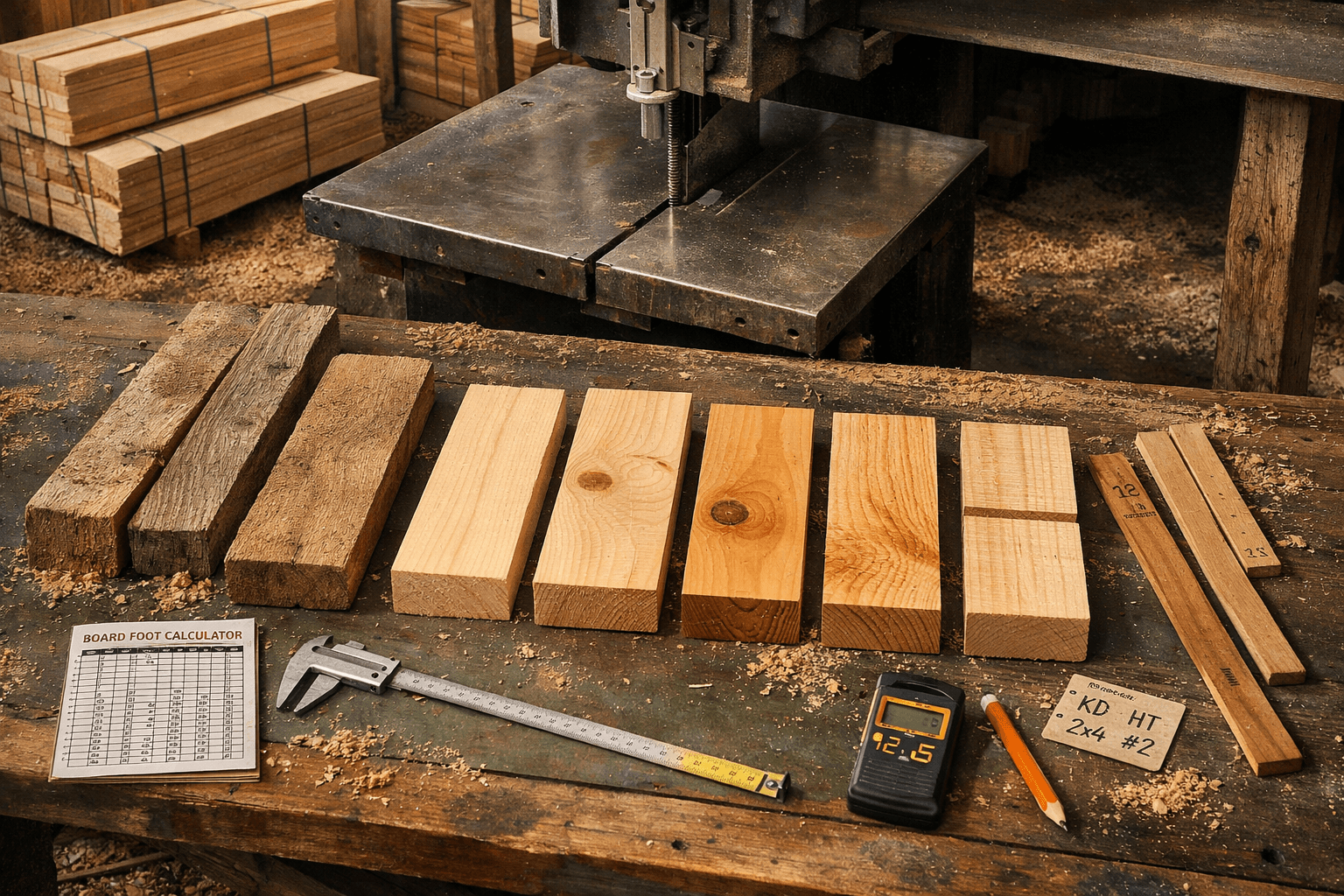 Bird’s-eye view of graded cabin lumber, tools, sawdust, and bandsaw equipment on a rugged lumber mill table.