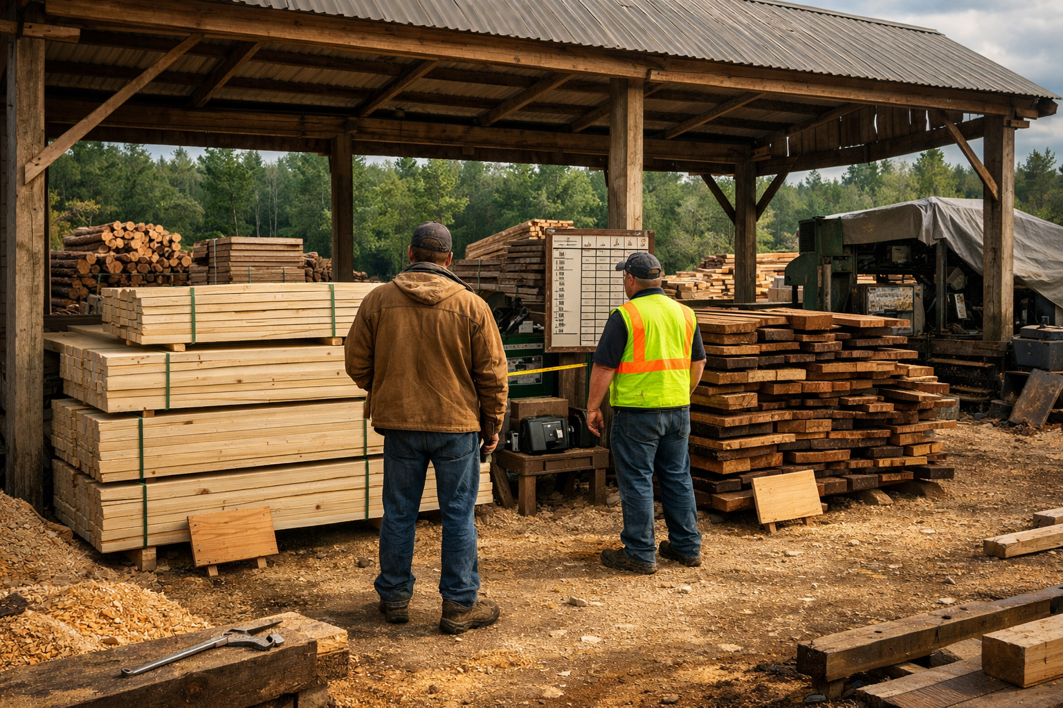 Lumber mill yard with cabin builder comparing softwood and hardwood stacks beside a sawmill operator under a shed.