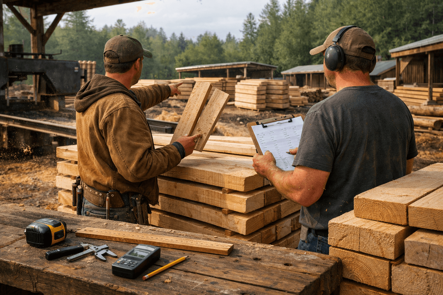 Cabin builder and mill operator compare lumber beside stacked boards and measuring tools at a rural lumber mill.