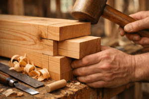 Close-up of a hand using a mallet to seat a Douglas fir mortise and tenon joint amid wood shavings and tools.
