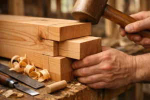 Close-up of a hand using a mallet to seat a Douglas fir mortise and tenon joint amid wood shavings and tools.