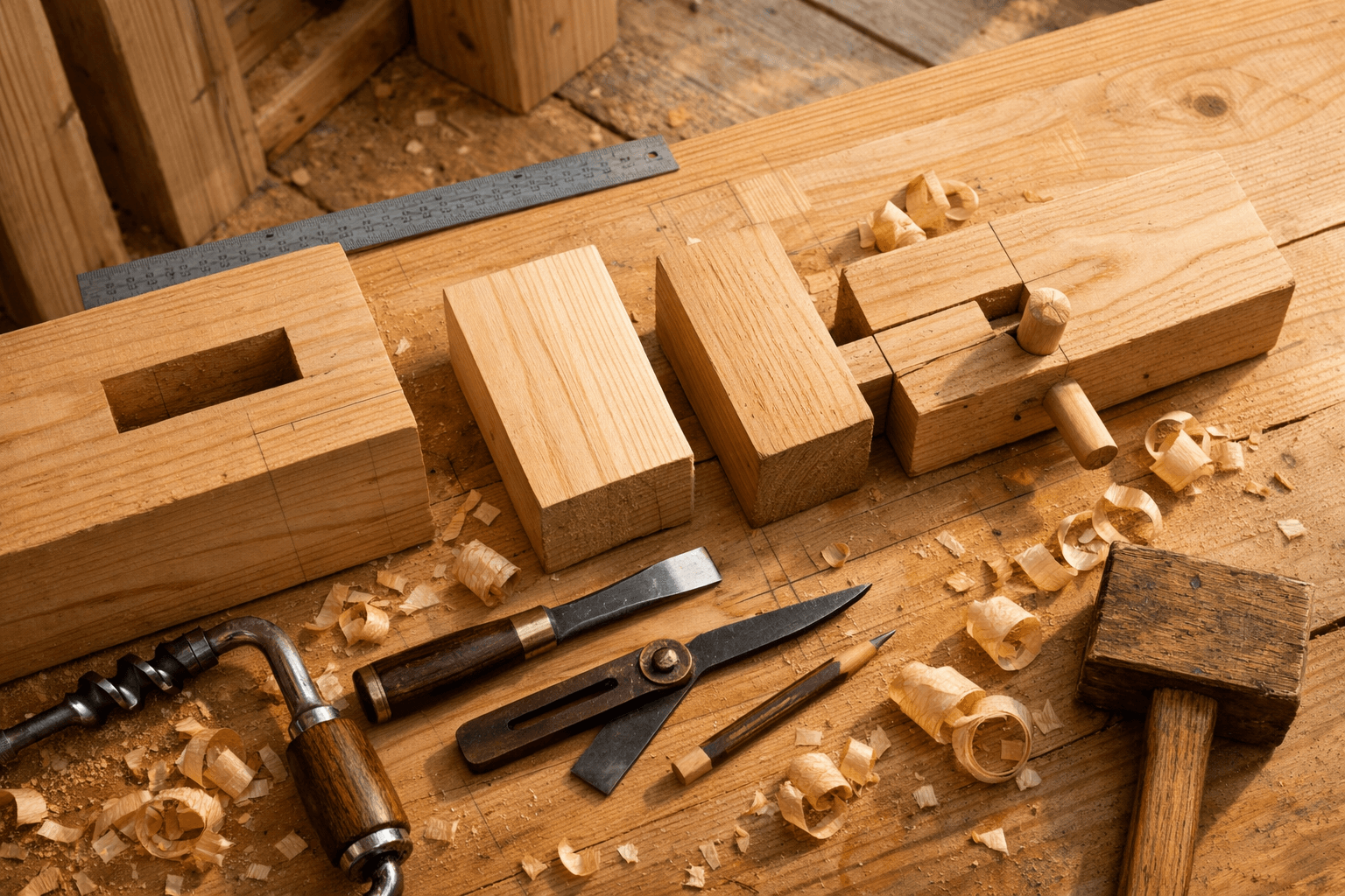 Overhead timber workbench showing a precise mortise and tenon joint, tools, layout marks, and fresh wood shavings.