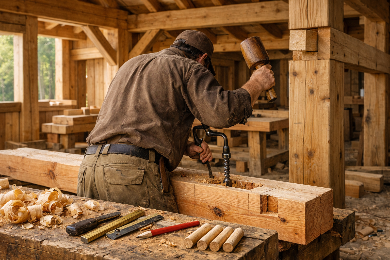Craftsperson chisels a mortise and tenon joint at a timber workbench inside a partially assembled Douglas fir cabin.