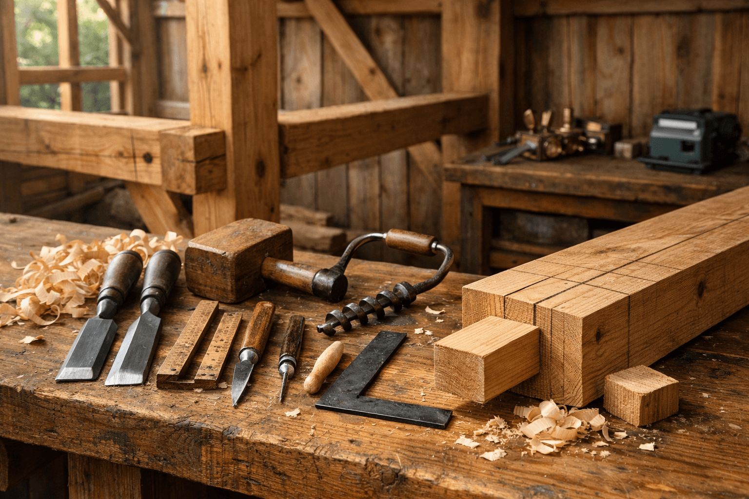 Timber-frame cabin workshop with hand tools, marked beam, and fitted mortise and tenon joint on an oak workbench.