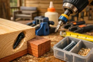 Macro view of a pocket hole screw joining pine and cedar, with jig, drill, clamps, glue, and sawdust on a workbench.