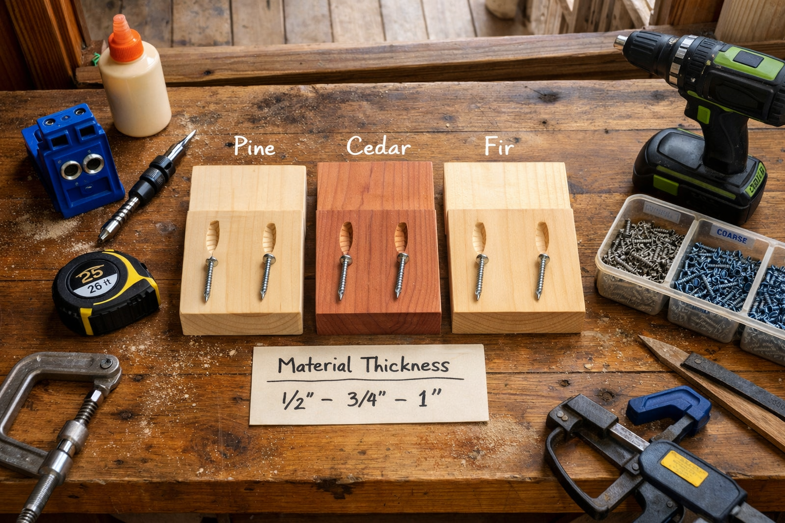 Overhead rustic workbench compares pine, cedar, and fir thicknesses with pocket hole screw samples, tools, and measurements.