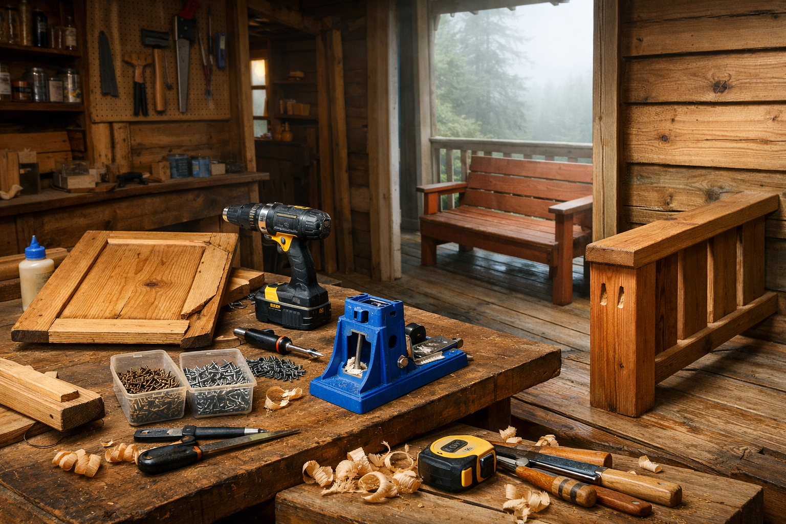 Rustic cabin workshop comparing cabinet and porch repairs, with tools, angled pocket holes, and a pocket hole screw box.