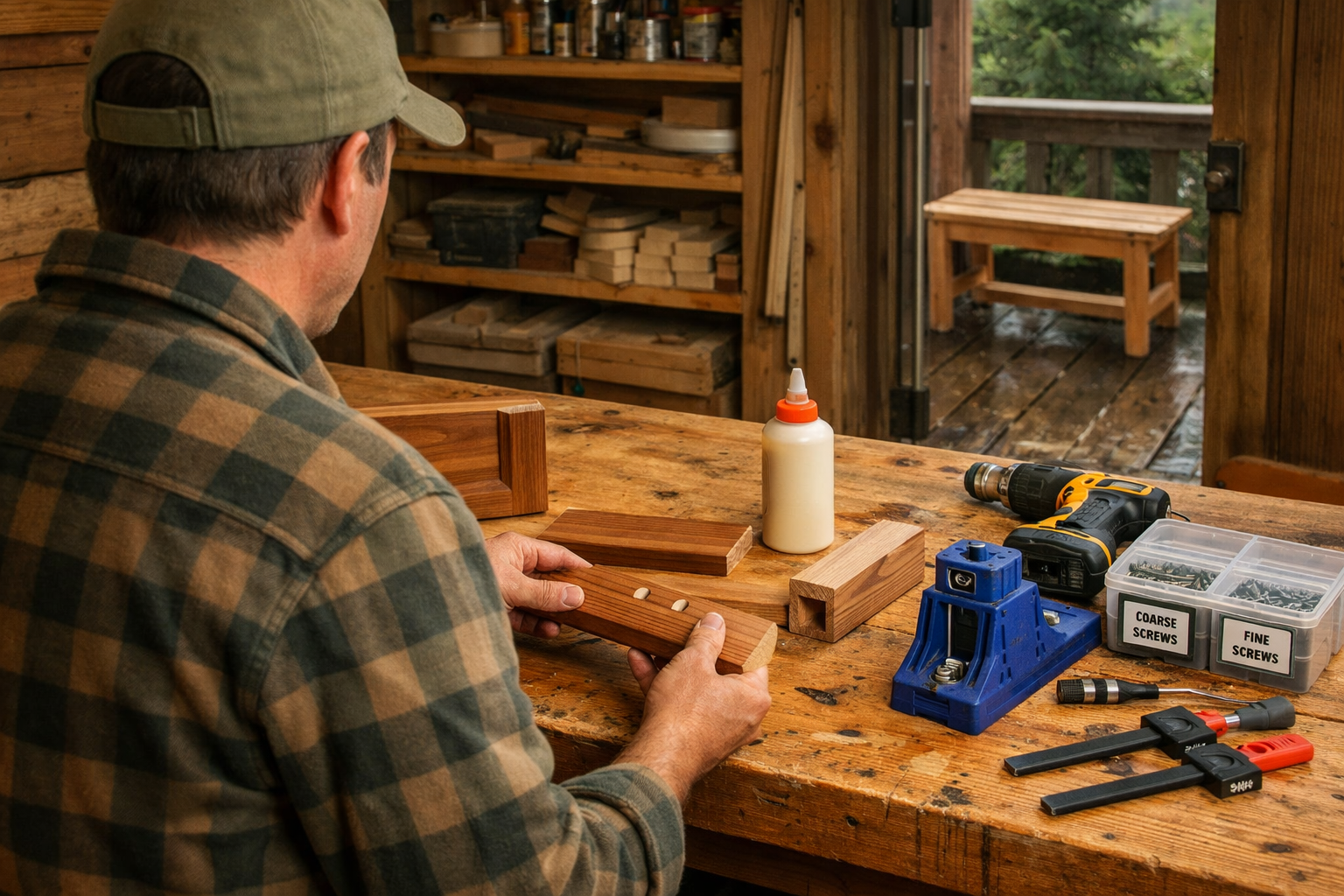 Homeowner compares dowel, biscuit, and mortise joints at a rustic workbench; unused pocket hole screw tools nearby.