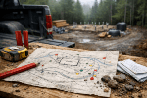 Weathered cabin site plan and muddy woodland construction materials, illustrating how to build a cabin in the woods.