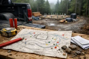 Weathered cabin site plan and muddy woodland construction materials, illustrating how to build a cabin in the woods.