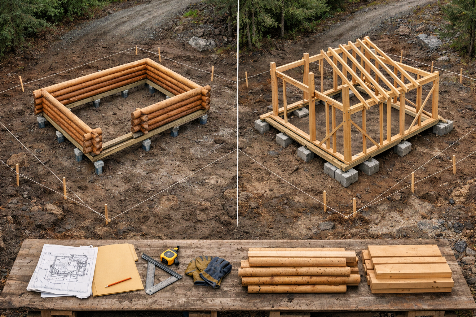 Aerial comparison of log and timber cabin framing on a wooded site, illustrating how to build a cabin in the woods.