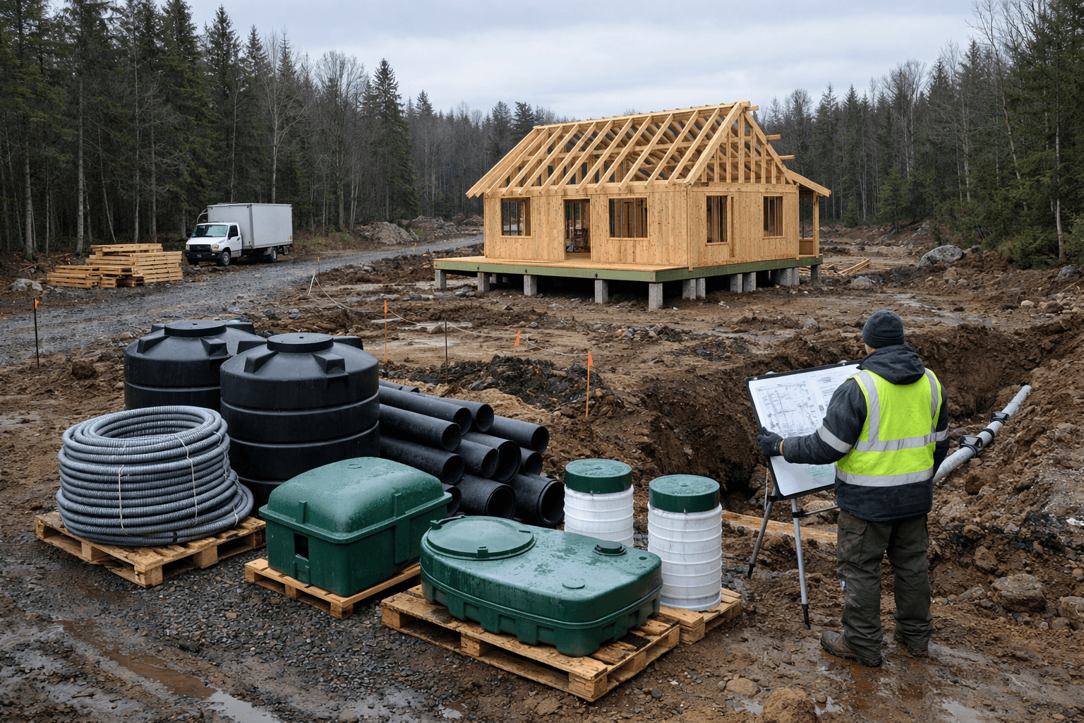 Off-grid cabin under construction in a wooded clearing, with utilities and builder reviewing plans to build a cabin in the woods