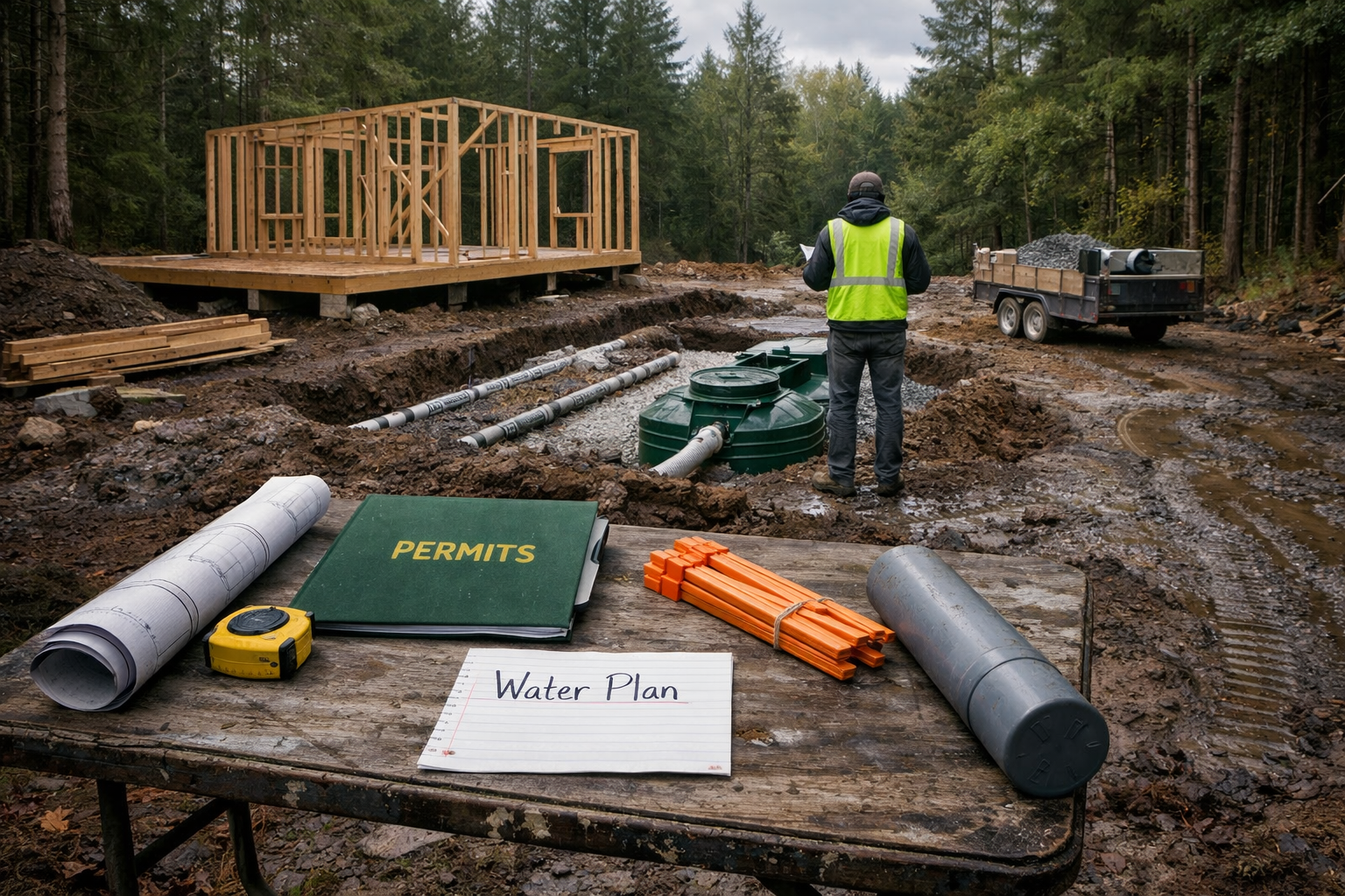 Plans and trenches for water and septic systems at a wooded cabin site, illustrating how to build a cabin in the woods.