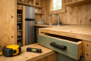 Handmade plywood pantry and drawer corner in a tiny kitchen, with tools and sage cabinets—ideas for cabinets in small kitchen