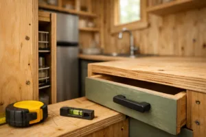 Handmade plywood pantry and drawer corner in a tiny kitchen, with tools and sage cabinets—ideas for cabinets in small kitchen