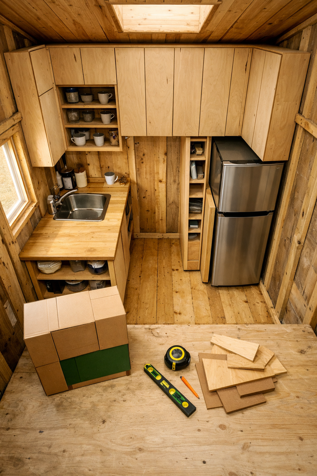 Overhead view of a compact handmade cabin kitchen with ceiling-high cabinets, open shelves, and tools; ideas for cabinets in small kitchen