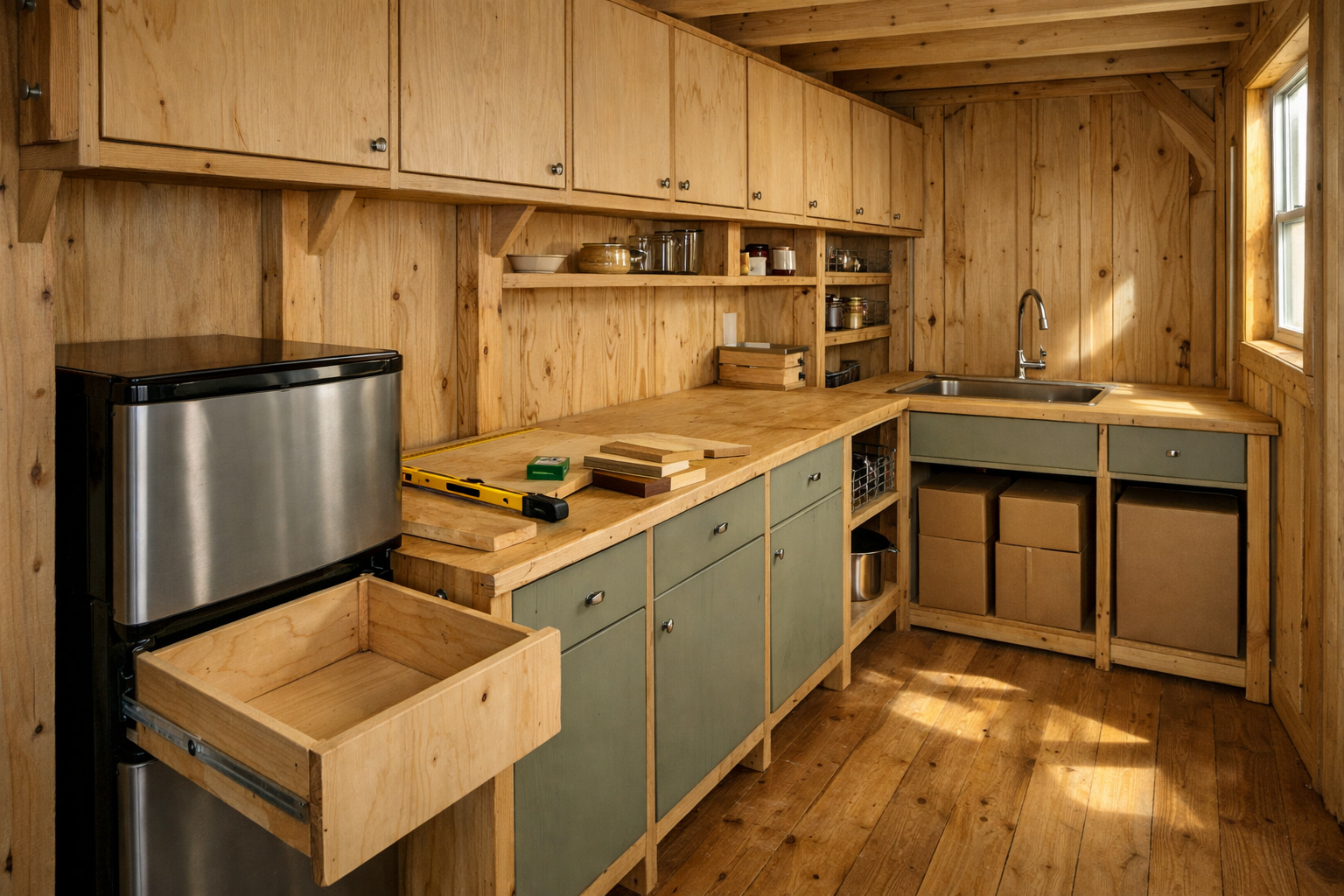 Off-grid tiny cabin kitchen with slim plywood cabinets, open drawer, compact fridge, tools, and ideas for cabinets in small kitchen