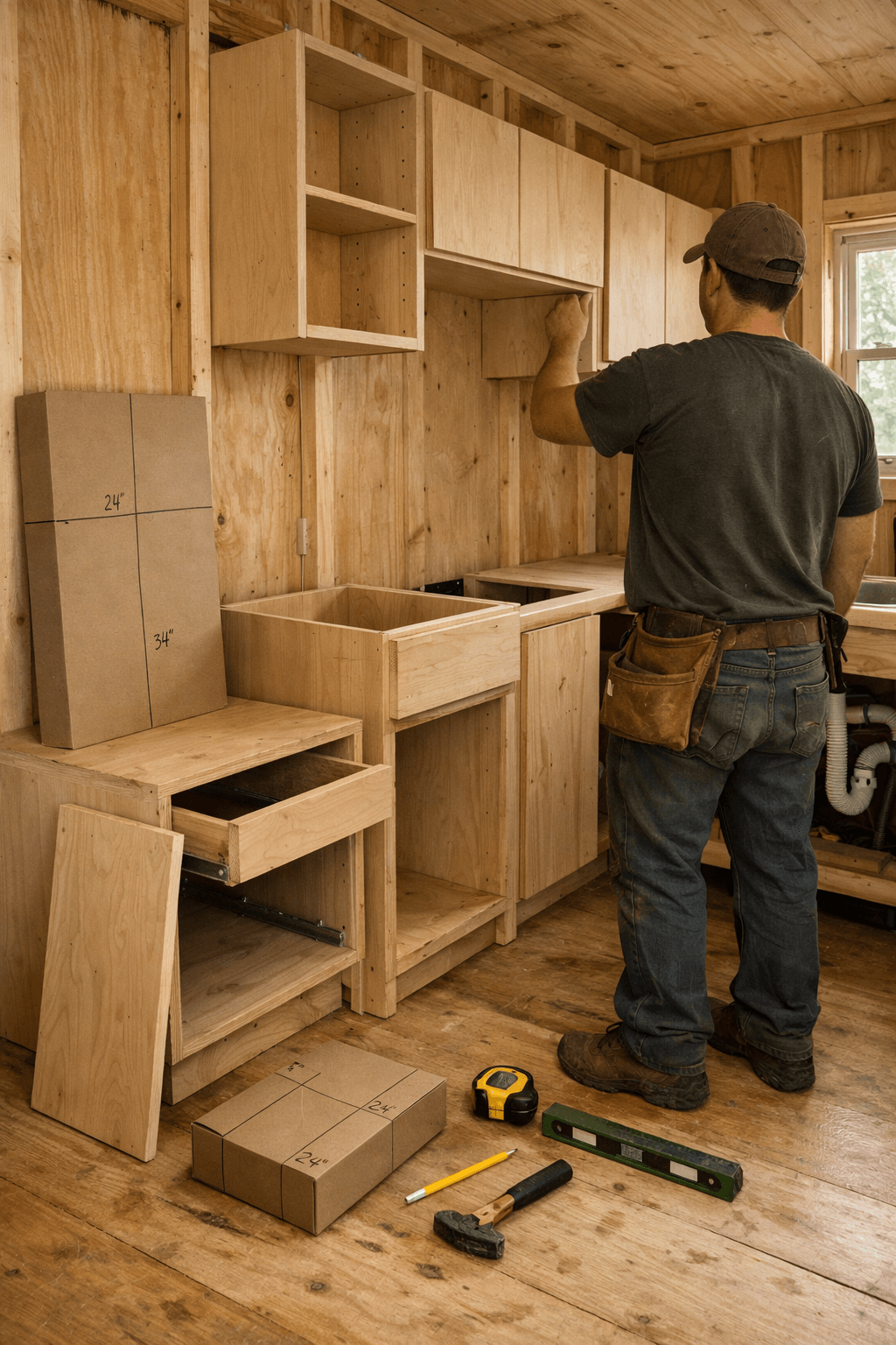 Builder assembles plywood cabinets in a narrow tiny-cabin kitchen, showing a staged workflow; ideas for cabinets in small kitchen.