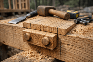Macro view of a white oak mortise-and-tenon joint with two dowel pins, tools nearby, showcasing rugged hardwood joints.