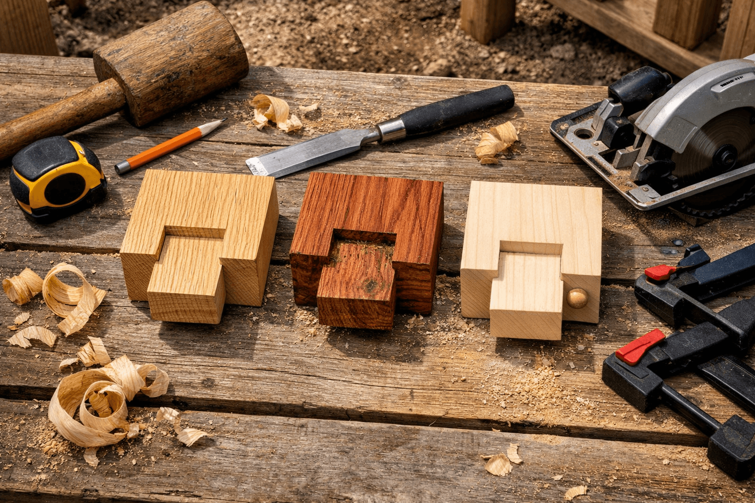 Overhead view of oak, hickory, and maple samples with hardwood joints, tools, shavings, and cabin framing.
