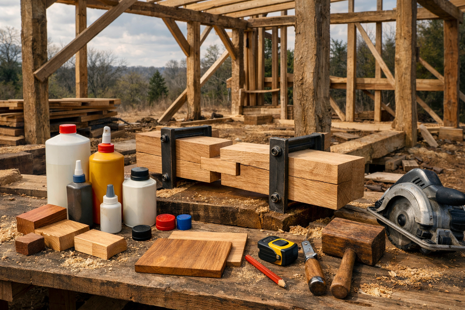 Rugged cabin site with hardwood joints, test-fit timber frame, glue containers, tools, and sawdust-covered workbench.