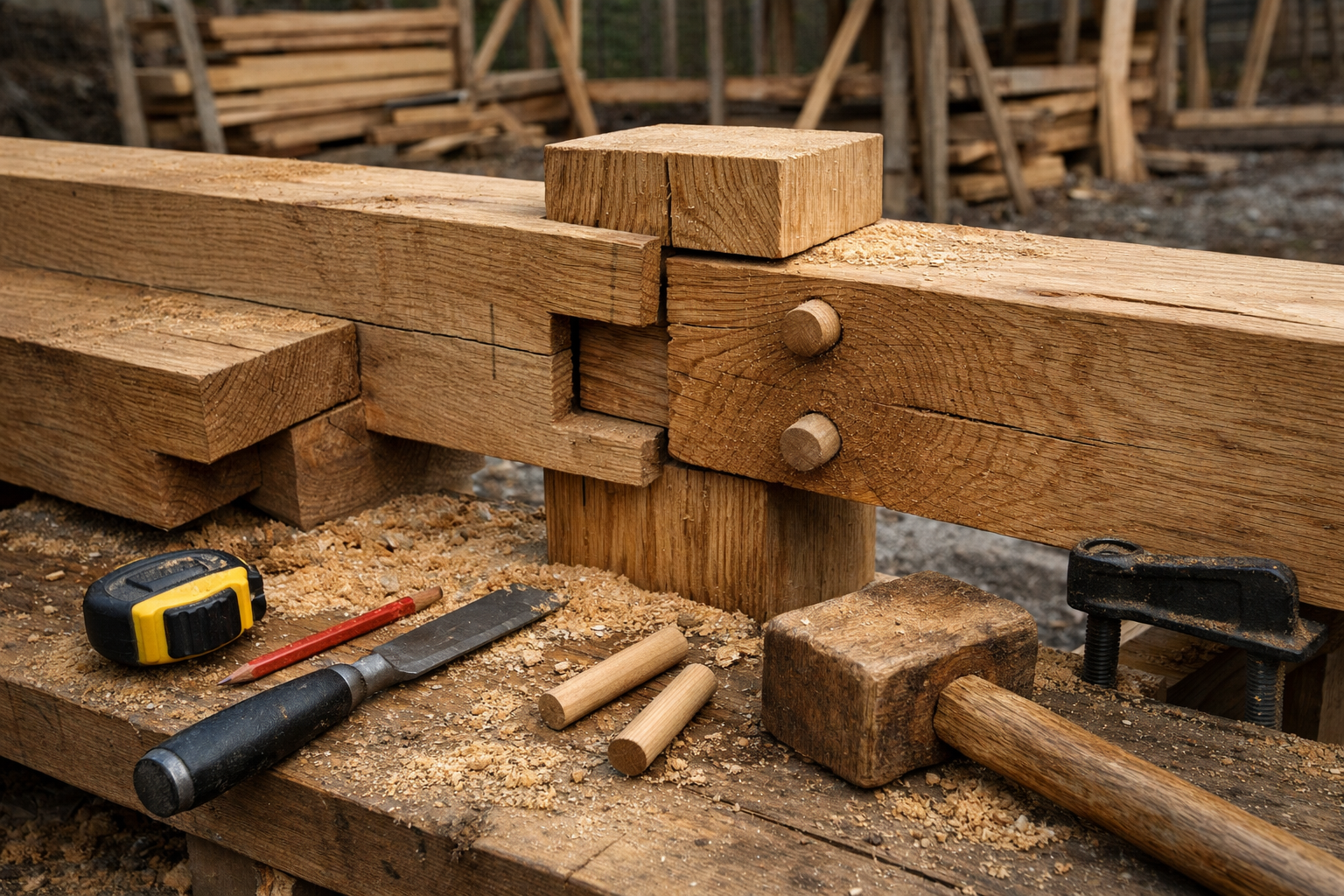 Rough cabin site showing pegged hardwood joints, exposed end grain, seasonal gaps, tools, sawdust, and stacked timber.