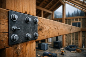 Macro view of a bolted timber joint in a remote off-grid cabin, with unfinished framing, insulation, solar panels, and mountain woods; post and beam houses.