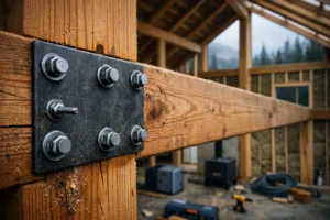 Macro view of a bolted timber joint in a remote off-grid cabin, with unfinished framing, insulation, solar panels, and mountain woods; post and beam houses.