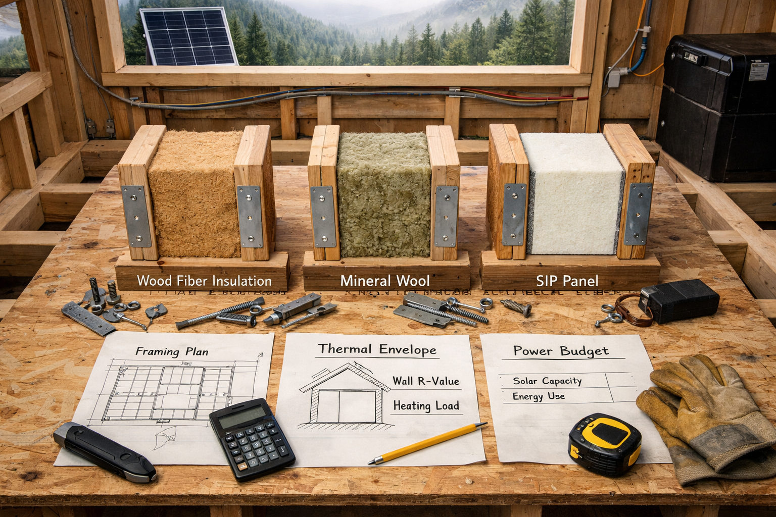 Overhead view of insulation samples, plans, and solar components on a worktable inside a post-and-beam cabin.