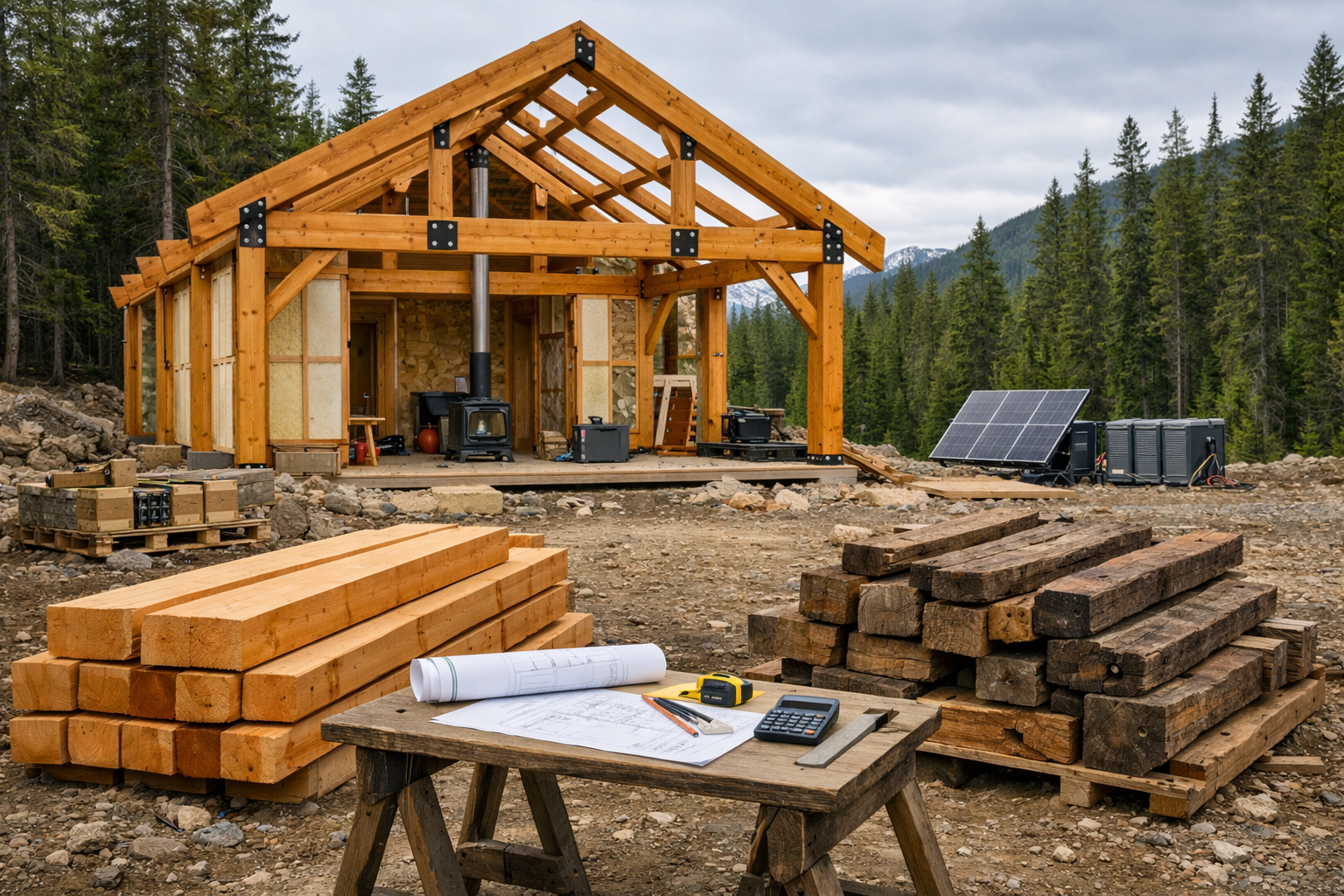 Post-and-beam cabin under construction, contrasting new and reclaimed timbers at a remote off-grid site, post and beam houses.