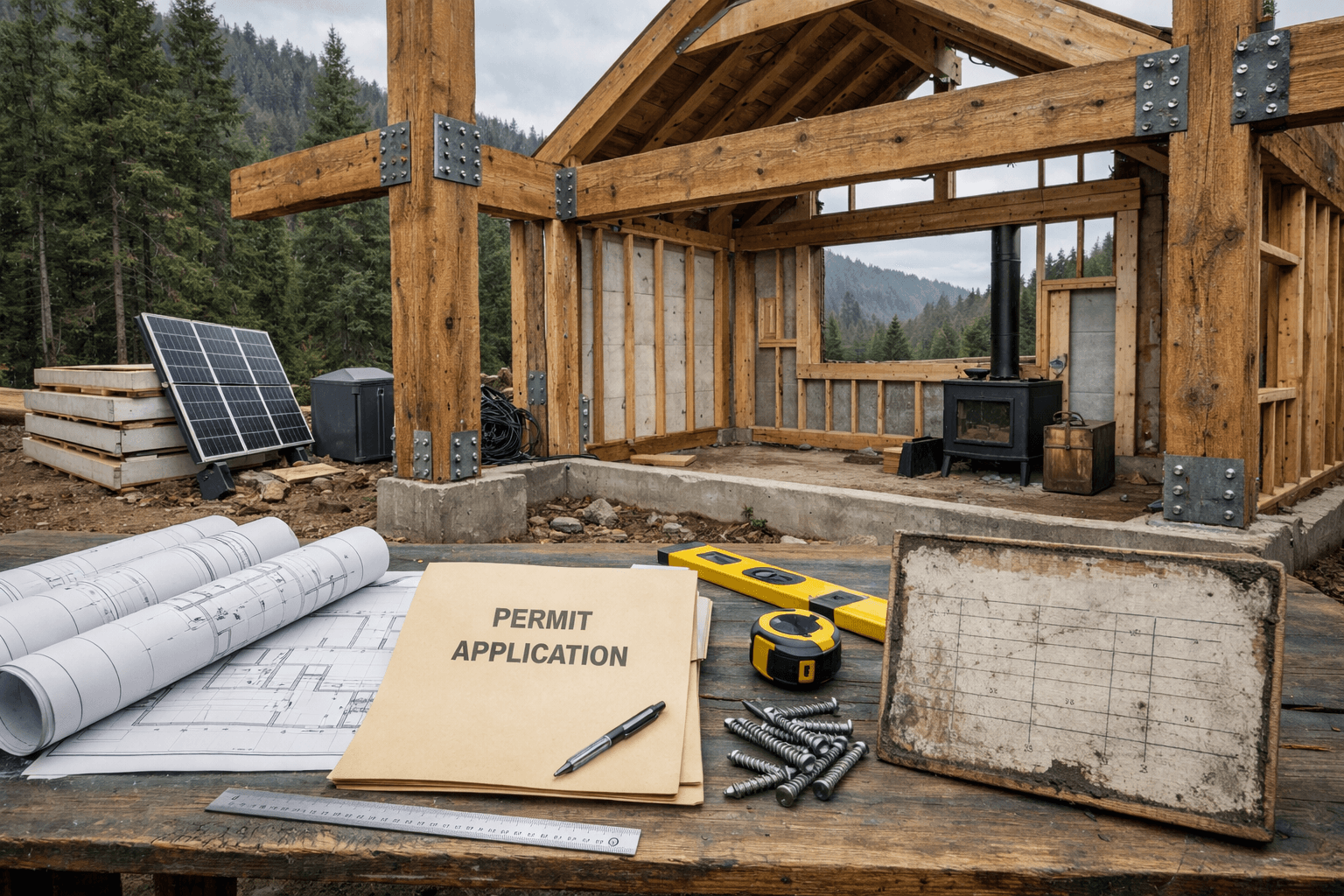 Partially built post-and-beam houses cabin with timber framing, plans, tools, insulation, solar panels, and remote woods.