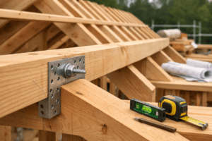 Macro view of a timber cabin roof joint, showing a purlin roof, exposed rafters, fasteners, tools, and unfinished framing.