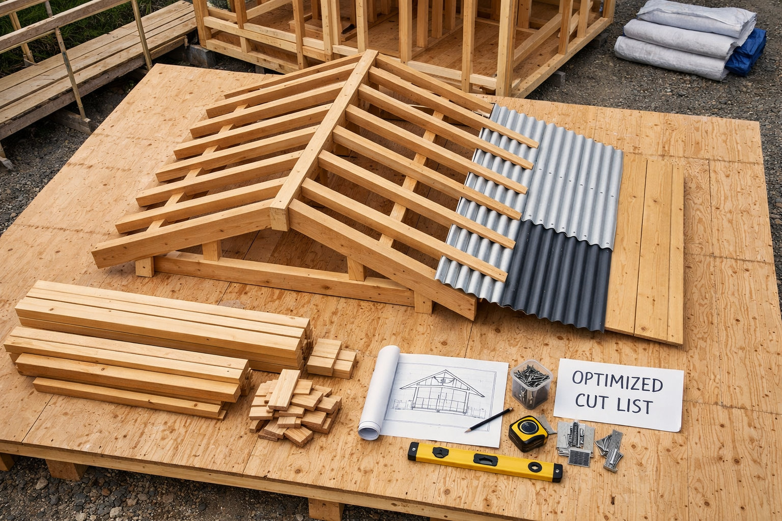 Overhead view of timber purlin roof assembly, optimized lumber cuts, tools, plans, and corrugated roofing beside a cabin frame