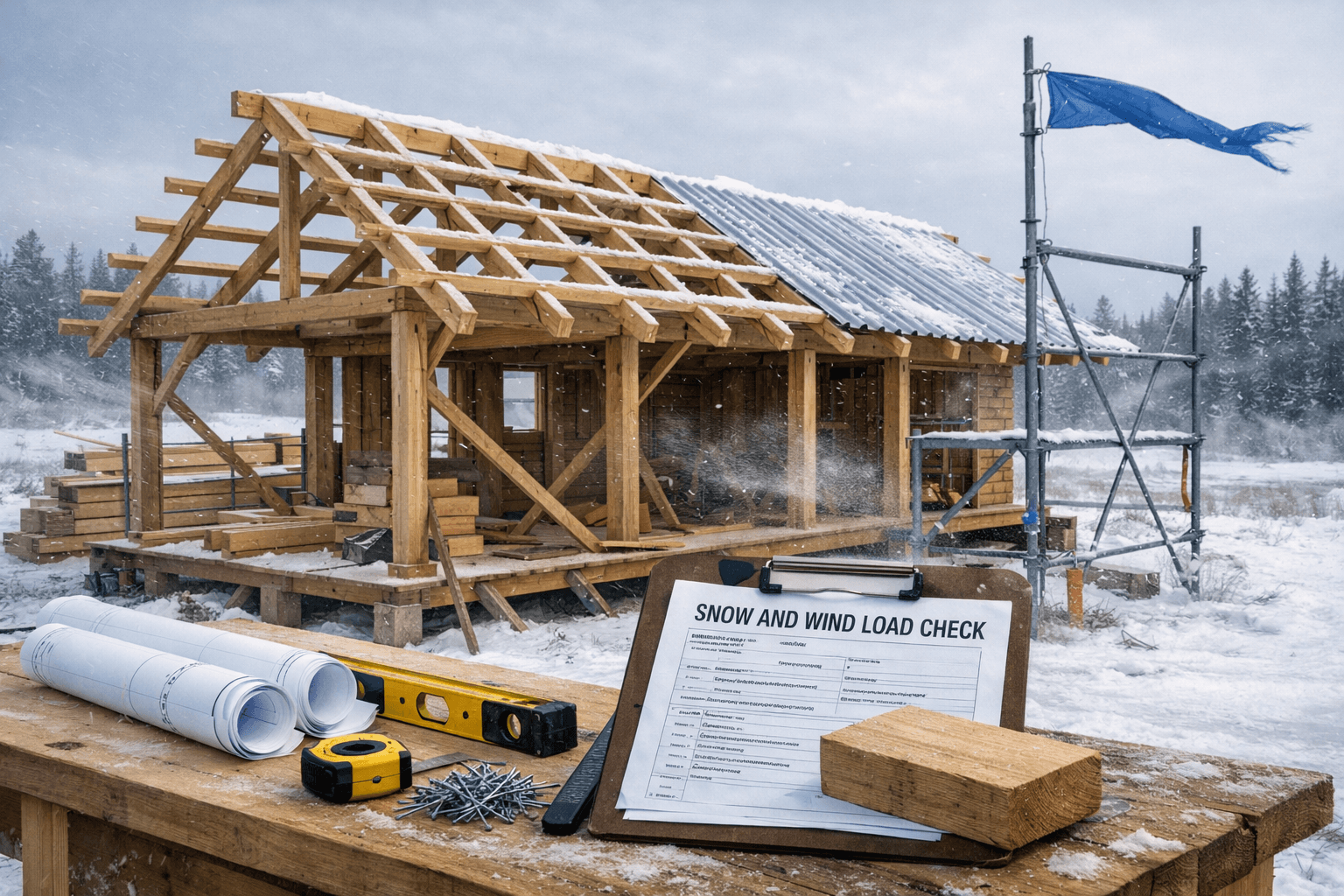 Winter cabin under construction with a snow-dusted purlin roof, scaffolding, lumber, tools, and snow blowing across a rural site.