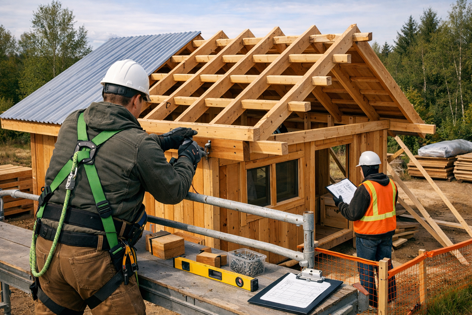 Owner-builder fastening a purlin roof on a timber cabin while an inspector reviews plans at a guarded rural worksite.