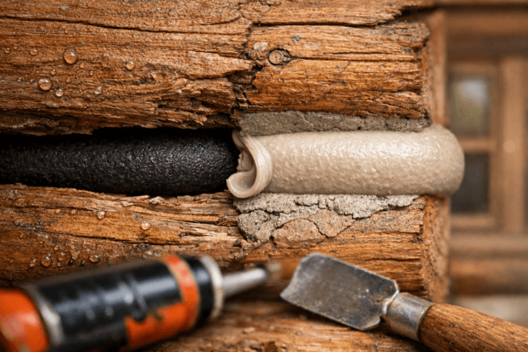 Macro view of a log cabin joint comparing an open gap with flexible sealant, illustrating chinking for log cabins.