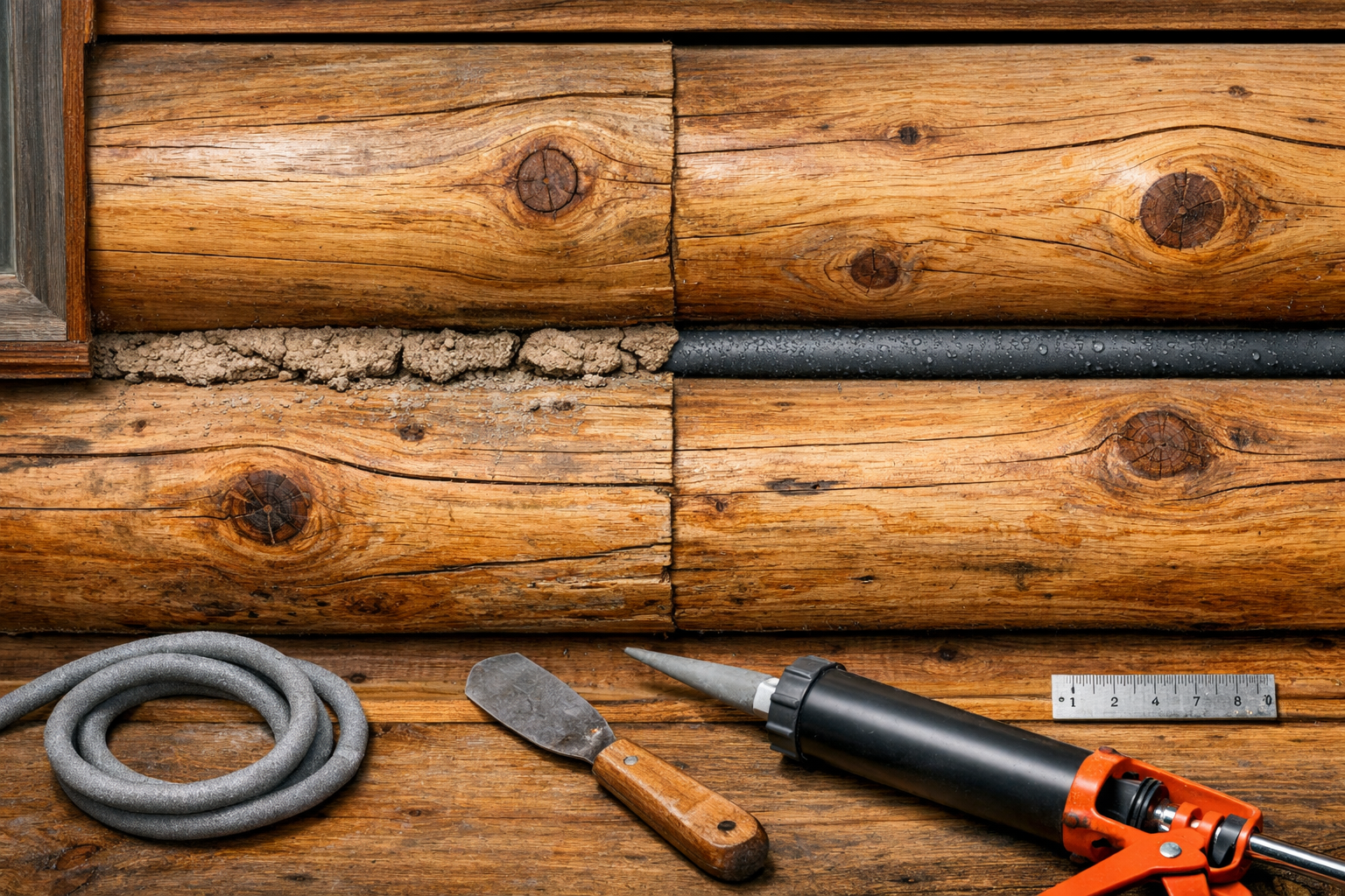 Overhead log cabin joint comparison: cracked daub versus sealed gray chinking for log cabins, with tools and water beads.