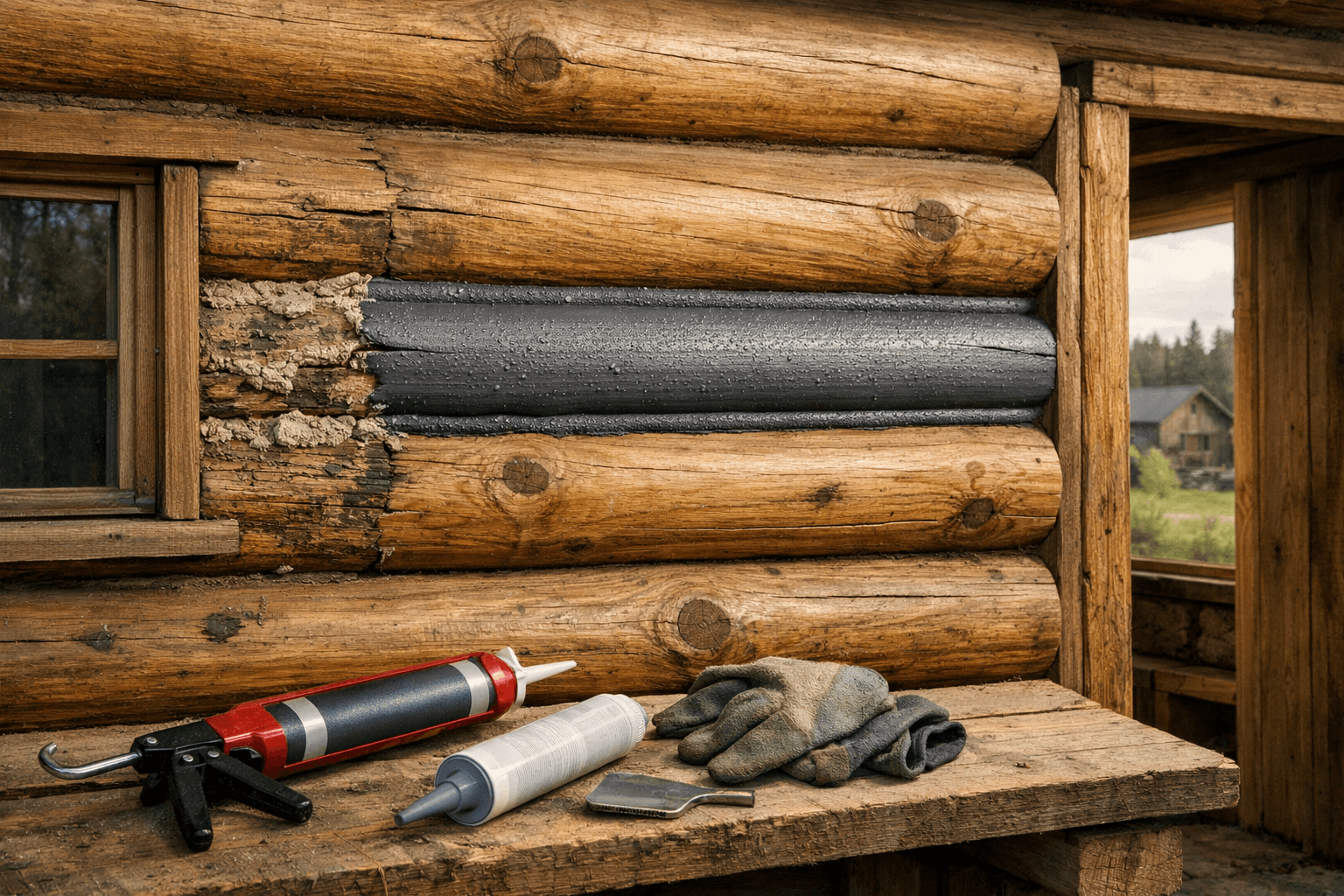 Rustic log cabin wall with fresh gray chinking for log cabins beside cracked old mortar, tools, window, and woodland beyond.