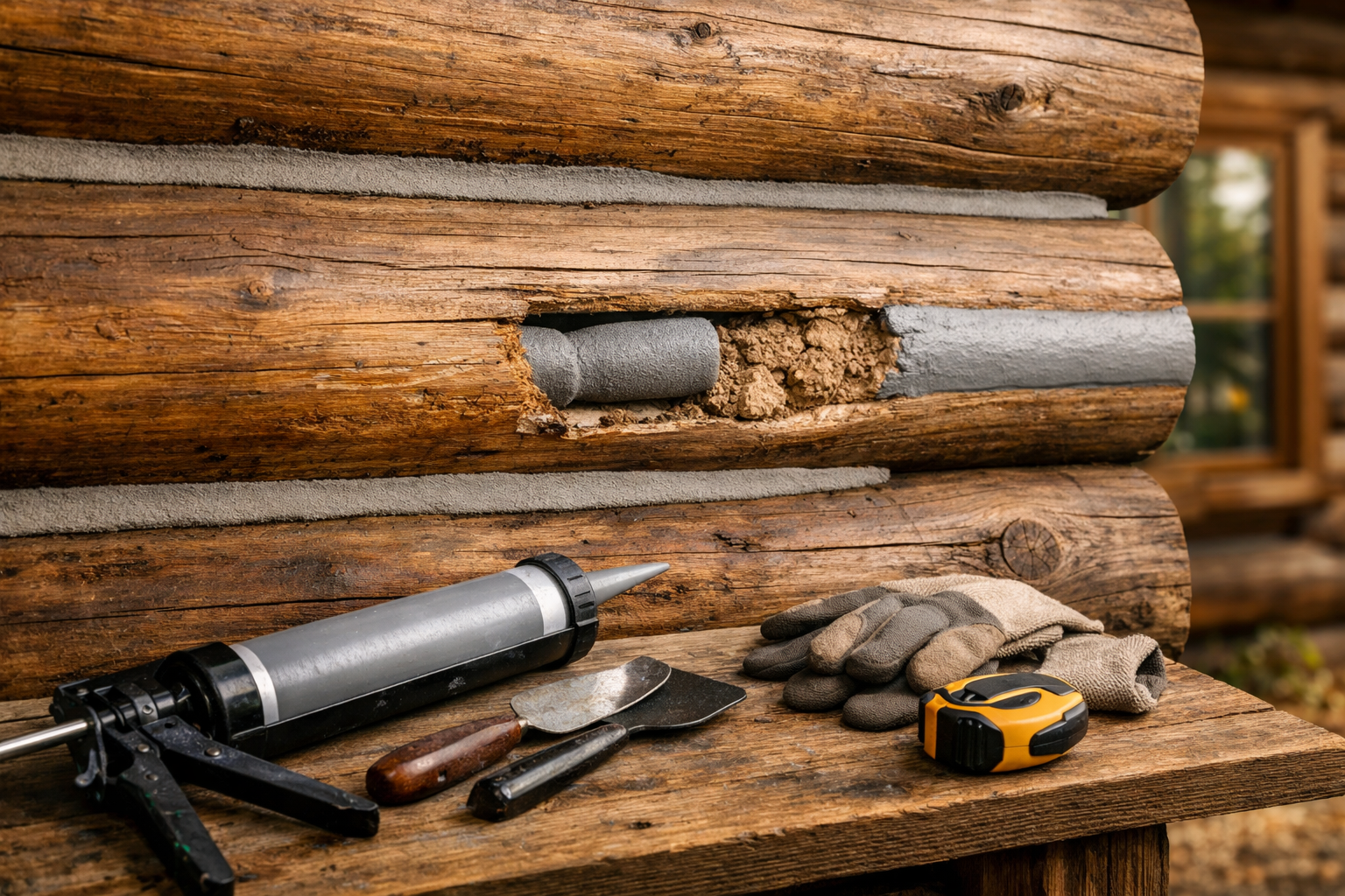 Rustic log cabin wall showing aged and fresh chinking, exposed daub, backer rod, and repair tools—chinking for log cabins.