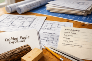 Golden Eagle Log Homes materials package with cabin plans, cost sheet, cedar sample, and blueprints on a bright workspace table.